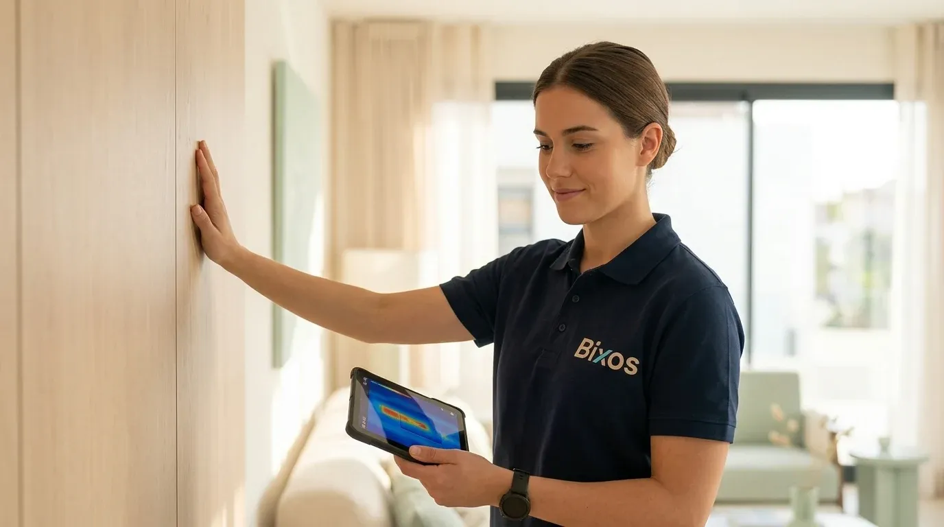 Technician taking damp readings on a wall with a tablet