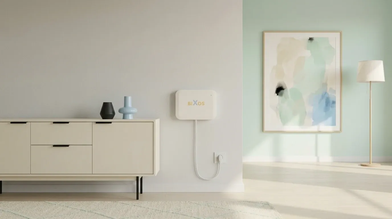 BiXos unit on a living room wall, plugged into a socket