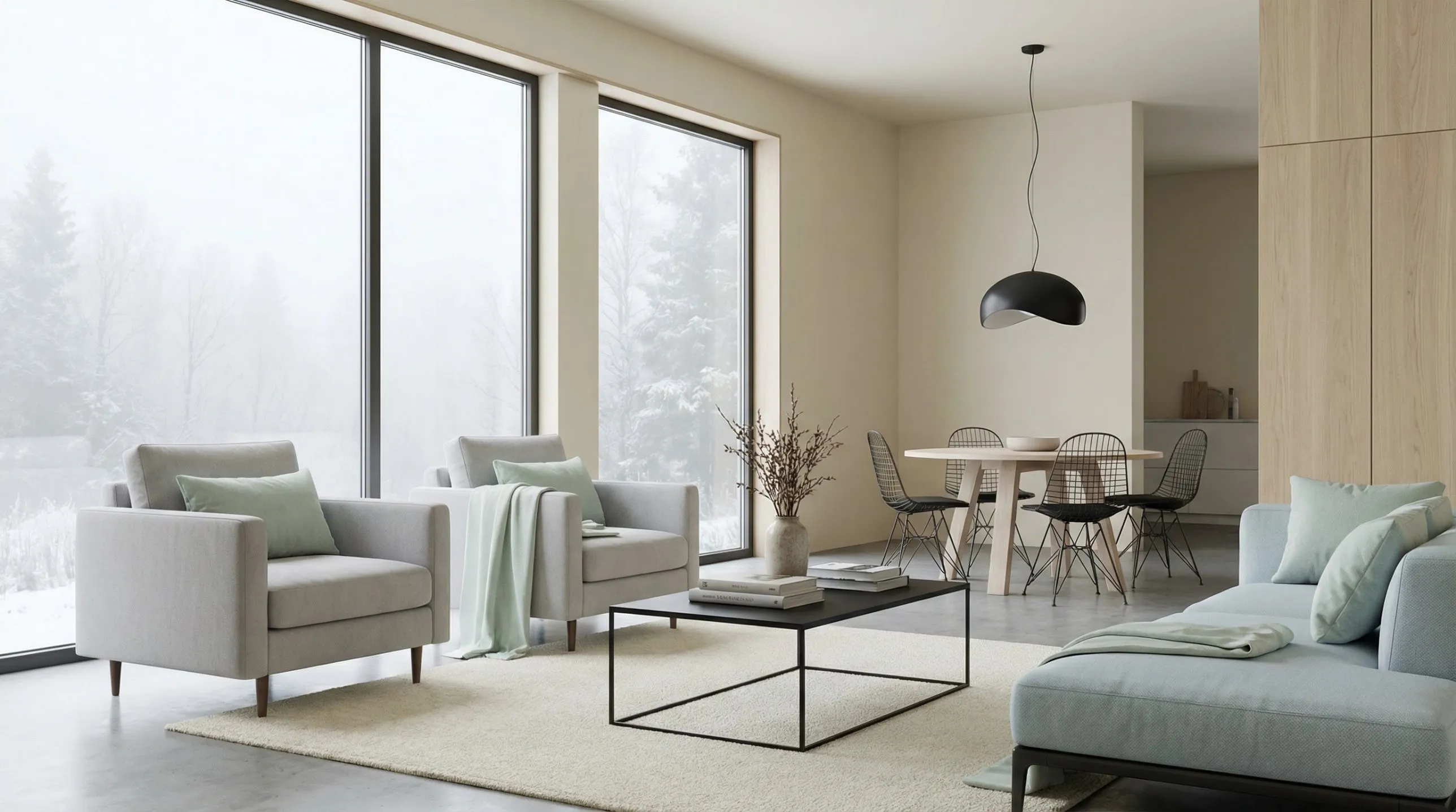 Living room with large windows on a foggy winter morning